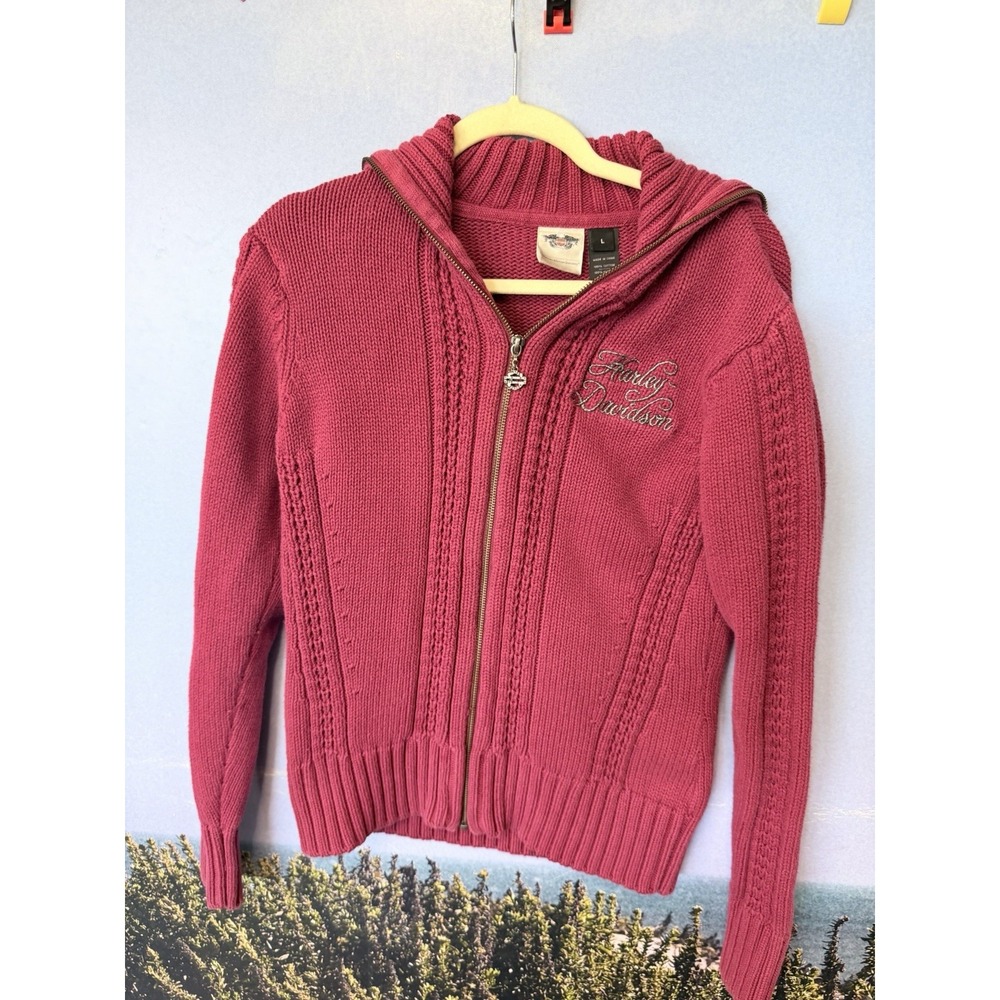 Harley Davidson Women's Large Knit Sweater Red Zip Up Embroidered Bling